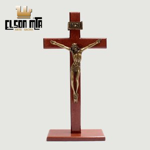Crucifixo Mesa 27x13 cm MDF Acabamento Mogno