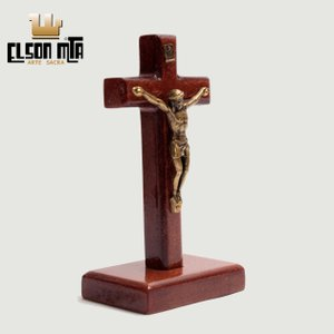 Crucifixo Mesa 08x04 cm MDF Acabamento Mogno